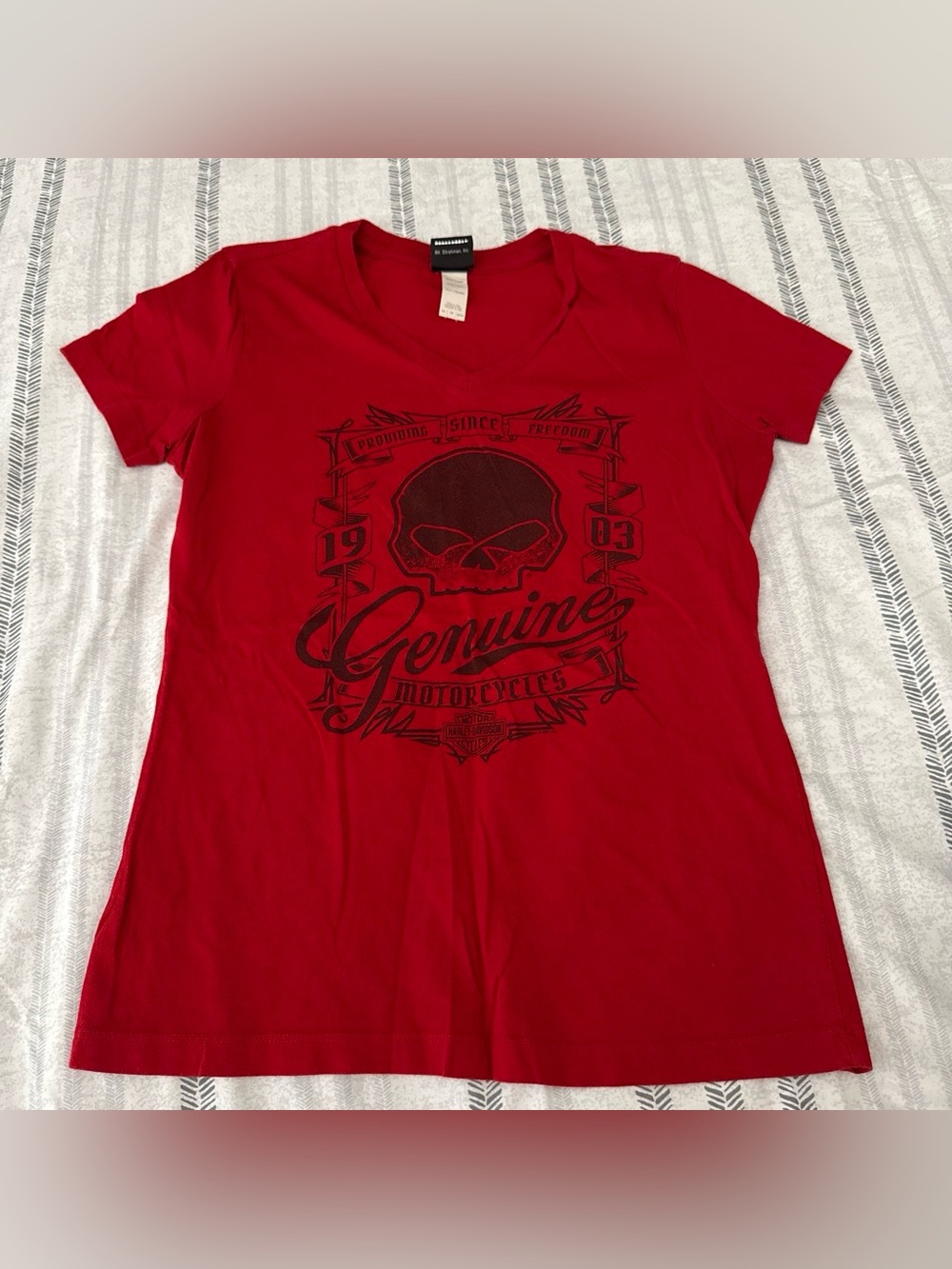 Harley-Davidson Red V-Neck Skull Graphic Tee - Women's